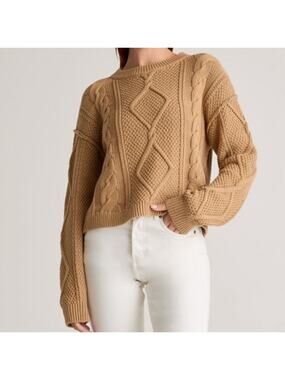 Quince 100% Organic Cotton Cropped Chunky Cable Crew Sweater Neutral Camel XS